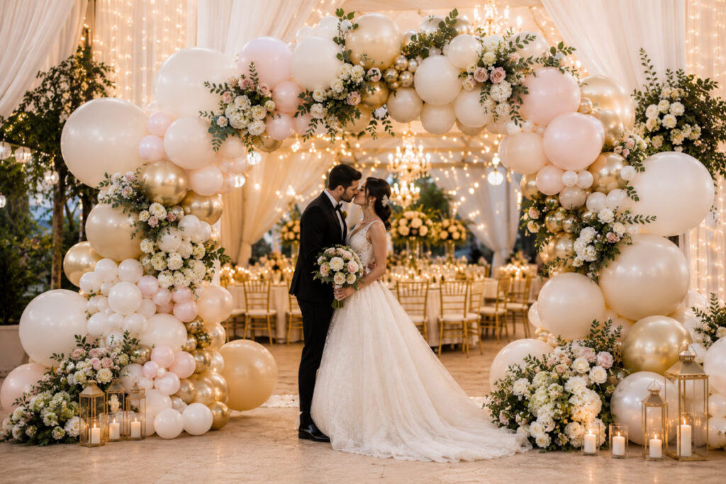 DECORACIÓN DE GLOBOS Y DOS NOVIOS BESANDO