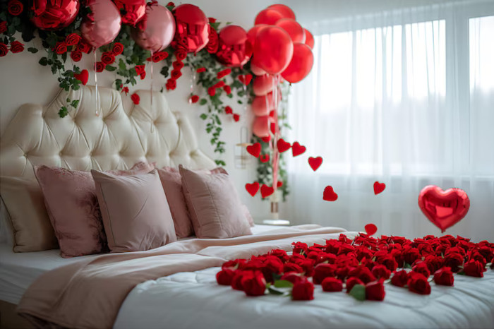 Decoración romántica en habitación con globos rojos y rosados, pétalos de rosa y luces cálidas, ideal para aniversarios, sorpresas y celebraciones especiales.