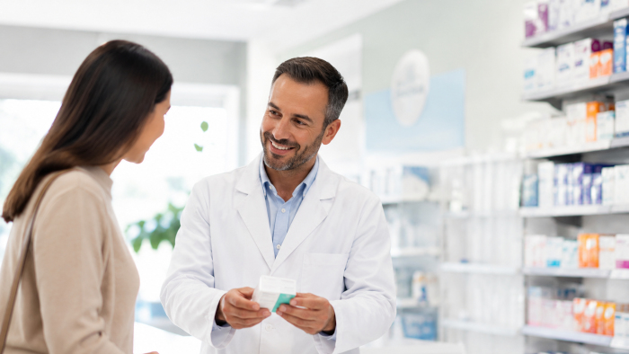 Farmacéutico atendiendo a una mujer.