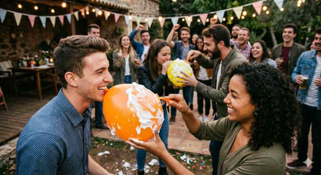 Dos parejas intentan afeitar un globo manchado de espuma