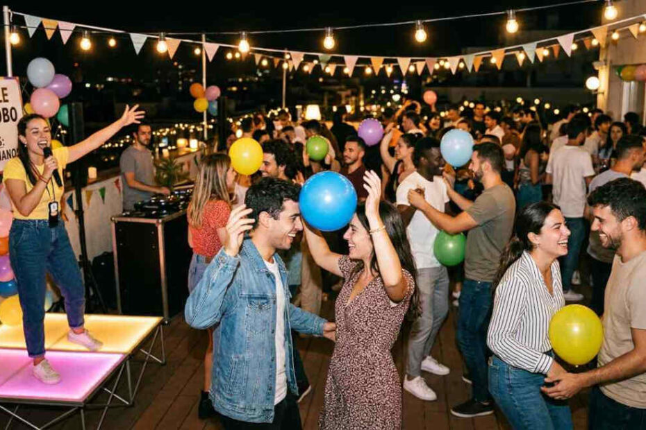 Fiestas para adultos. En una verbena popular diferentes parejas bailan sujetando un globo