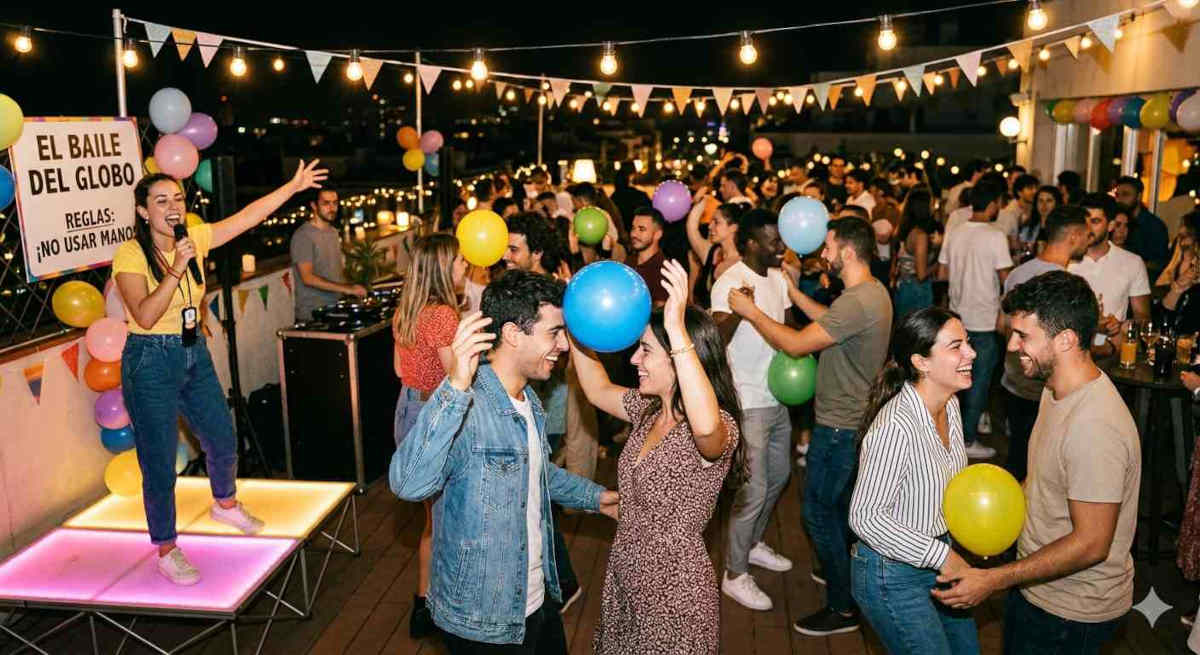 Fiestas para adultos. En una verbena popular diferentes parejas bailan sujetando un globo