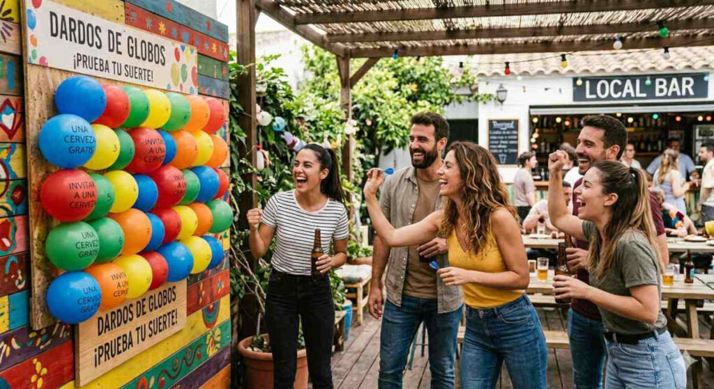 Varios jovenes lanzan un dardo a un panel con globos donde estan escritos los premios. 