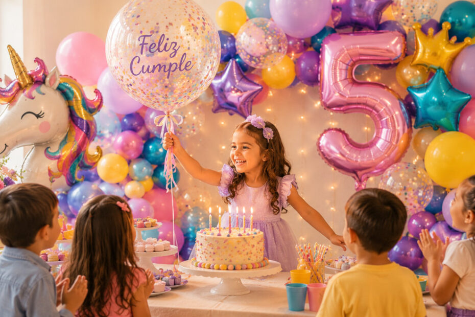 Niña celebrando cumpleaños con decoración infantil y globos personalizados