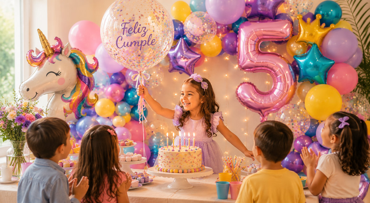 Niña celebrando cumpleaños con decoración infantil y globos personalizados