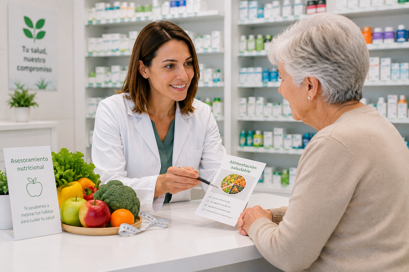 Farmacéutica dando asesoramiento nutricional a una paciente mayor en la farmacia salud