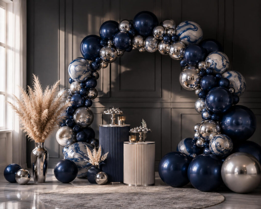Decoración editorial premium con globos azul noche y plata cromada