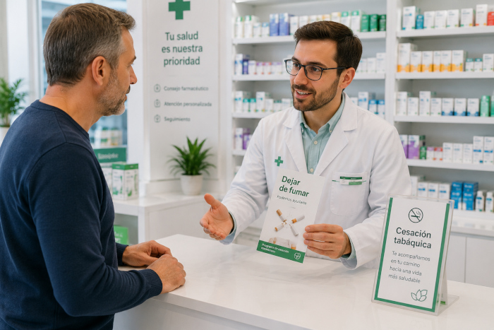 Cliente pidiendo información sobre el servicio de cesación tabáquica en farmacia salud