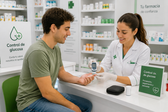 Cliente realizándose un control de glucosa en la farmacia Murcia salud
