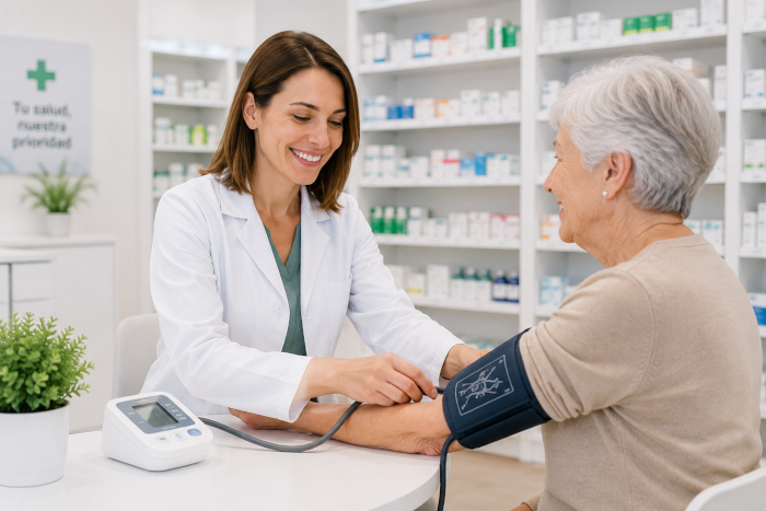 Farmacéutica tomando la tensión a una mujer mayor en la farmacia salud