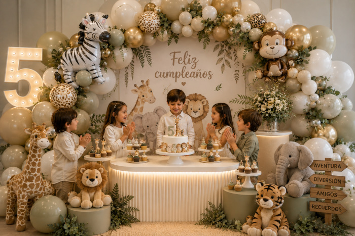 decoración de cumpleaños de temática animales.