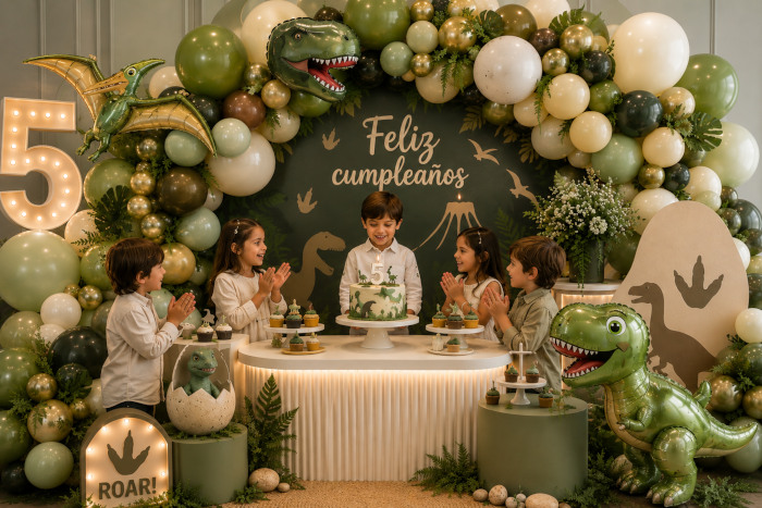 decoración de cumpleaños de temática de dinosaurios.