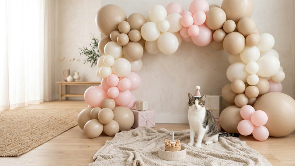 cumpleaños de gato con globos en Murcia decoración elegante