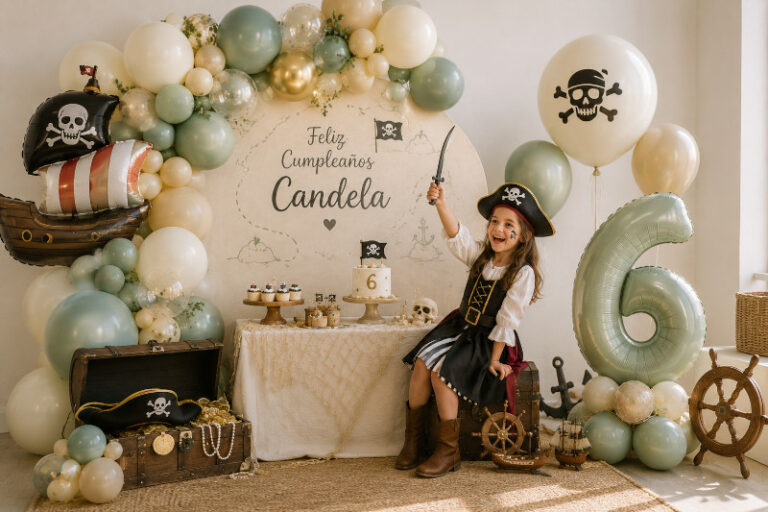 decoración de cumpleaños de temática pirata, solo con una niña.