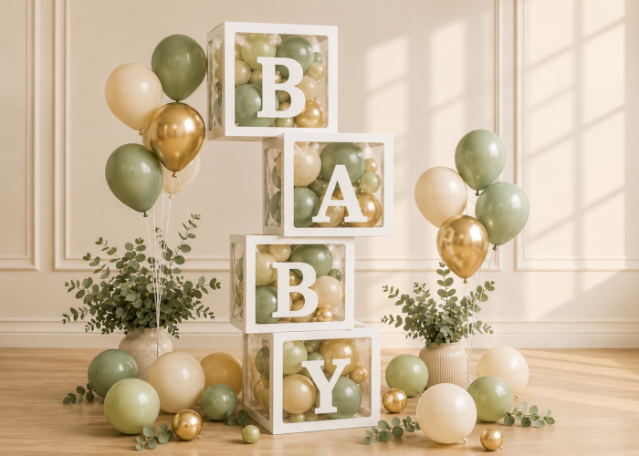 decoración en evento baby con cajas personalizadas