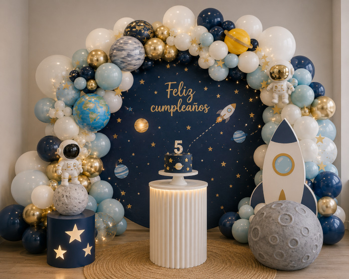 decoración de cumpleaños de temática espacio, tamaño mediano.