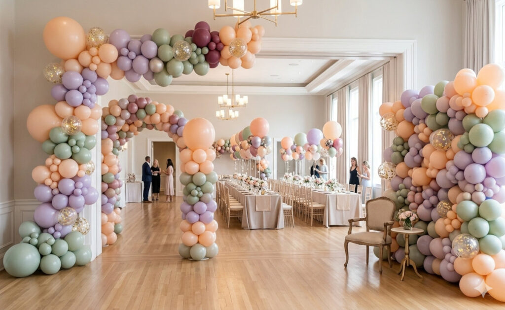 columnas, girnaldas, paredes y mesas decoradas con globos