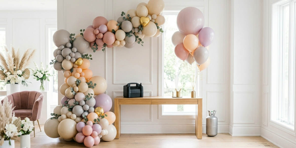 Decoración de globos en tonos pastel para evento elegante y moderno de Don Globito