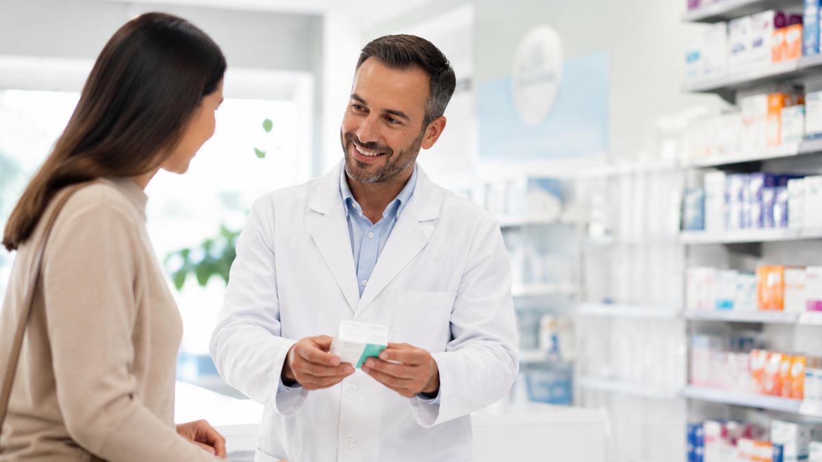 Farmacéutico atendiendo a una mujer