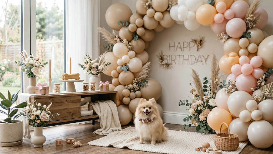 fiestas para mascotas en Murcia con decoración de globos elegante