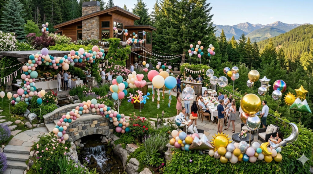 fiesta en una casa de montaña completamente decorada con muchos tipos de globos