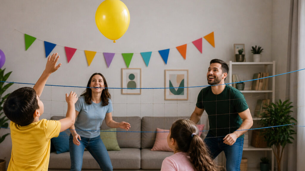 partido de voleibol con globos en una celebración familiar