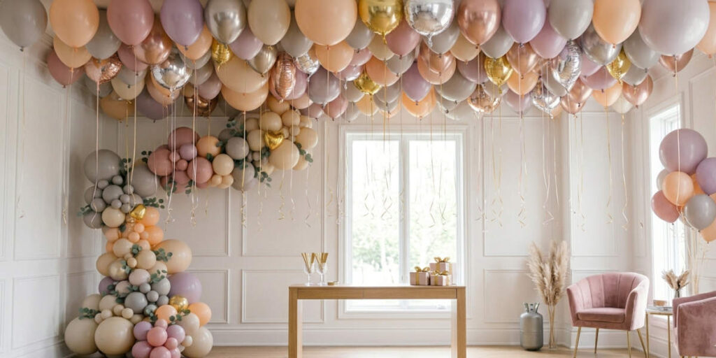 Globos flotando con helio en decoración elegante para fiesta y celebración