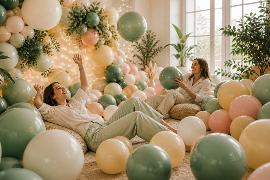 Personas interactuando con globos en un ambiente relajado