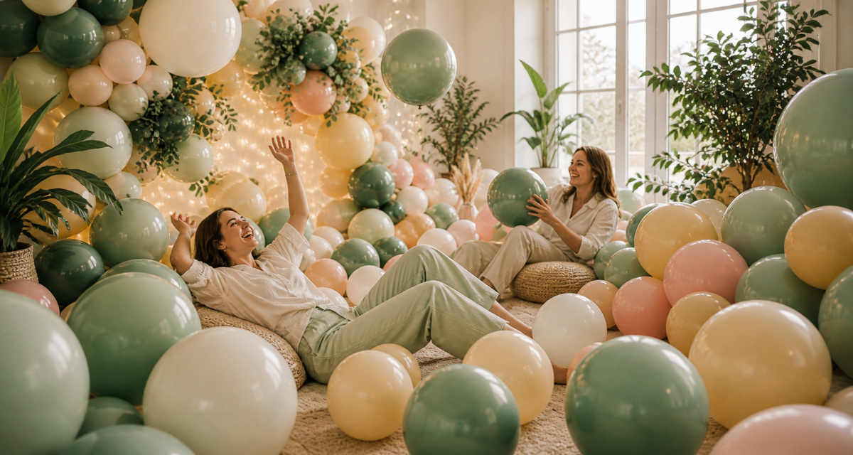 Personas interactuando con globos en un ambiente relajado