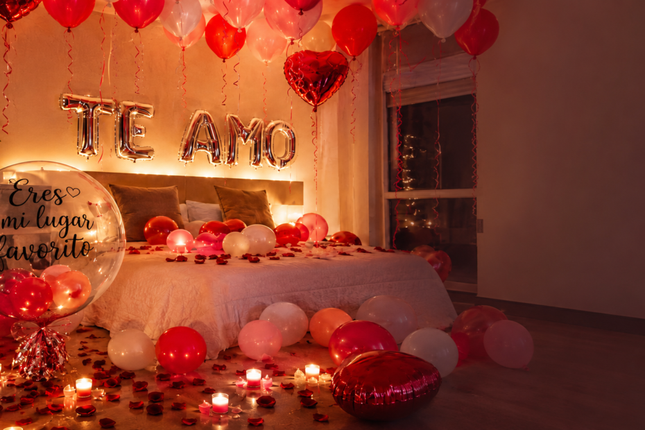 Decoración romántica con globos para sorprender a tu pareja en una habitación especial