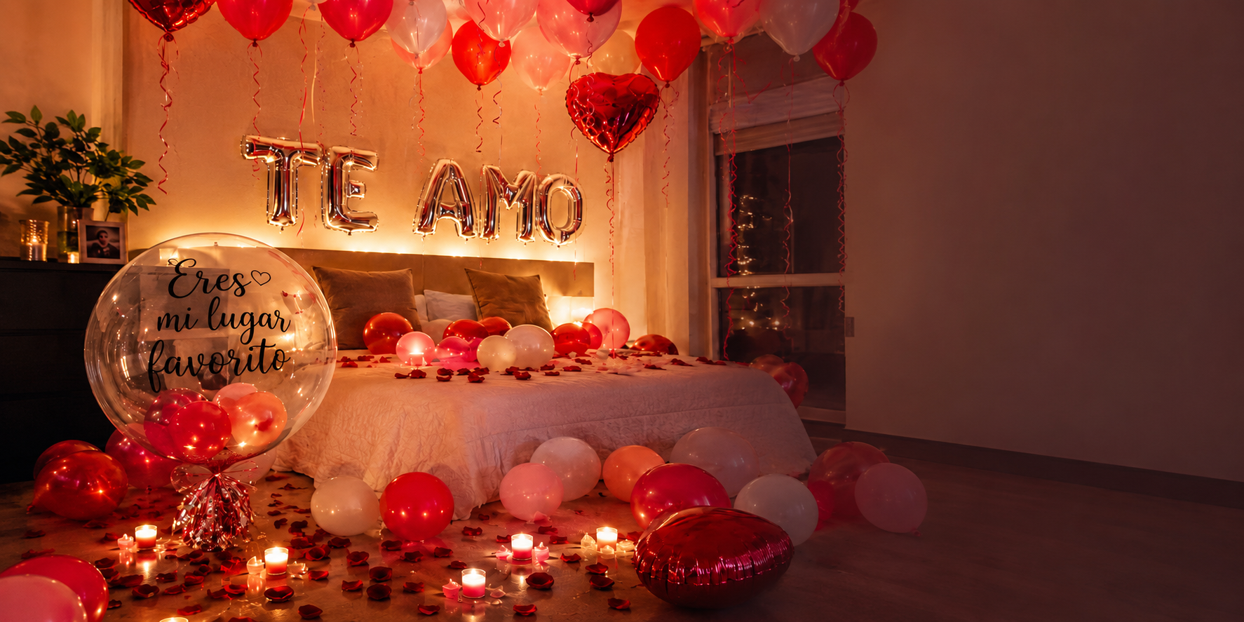Decoración romántica con globos para sorprender a tu pareja en una habitación especial