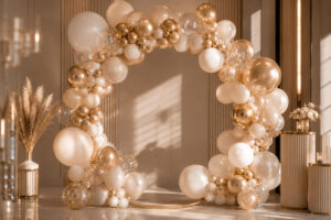 Decoración elegante con globos premium para fiestas y eventos modernos con arco orgánico en tonos beige, dorados y blancos