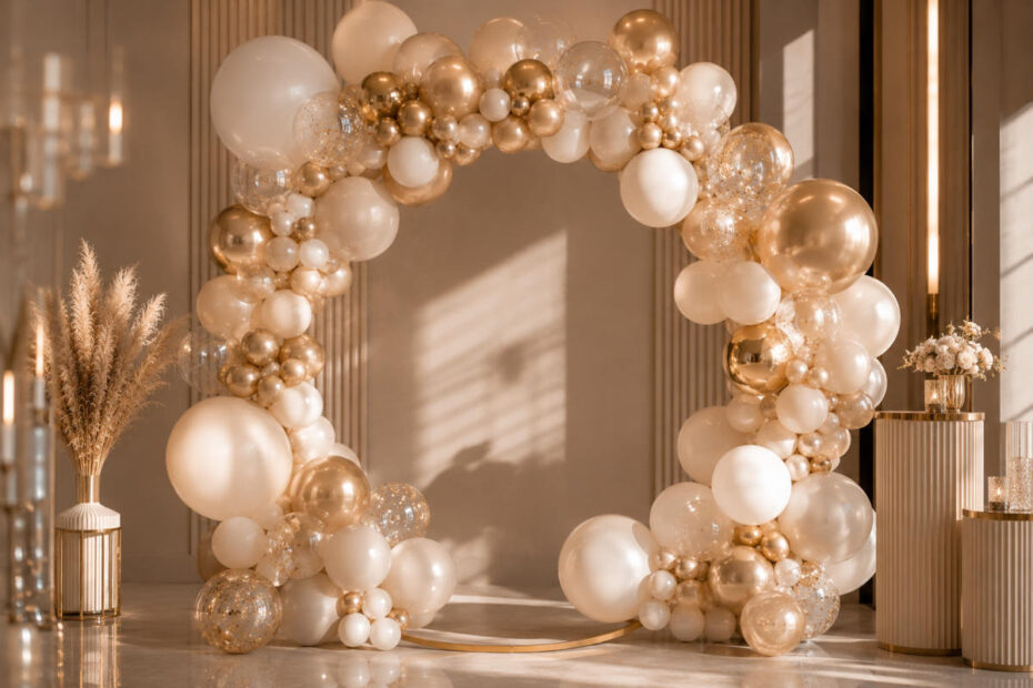 Decoración elegante con globos premium para fiestas y eventos modernos con arco orgánico en tonos beige, dorados y blancos