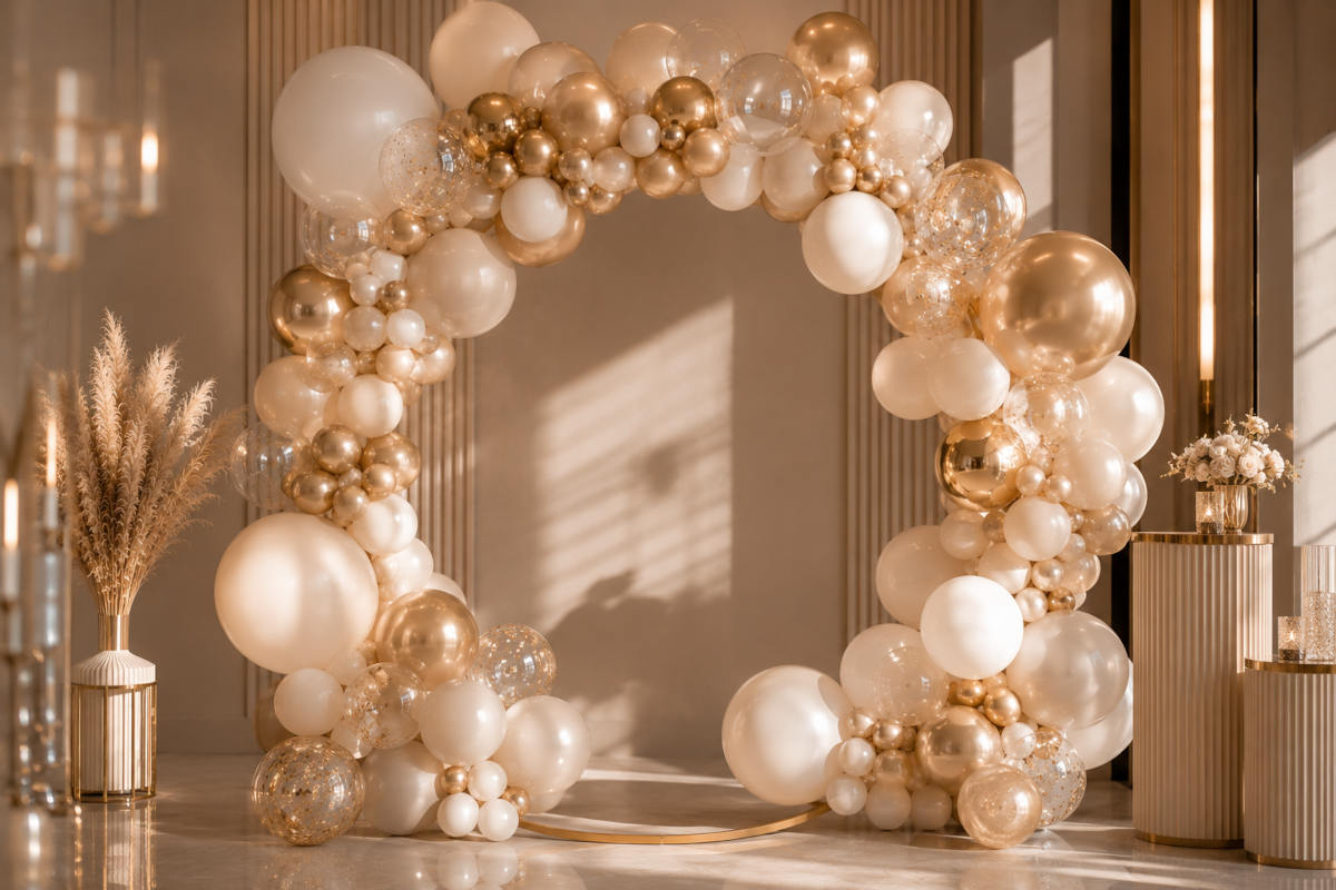 Decoración elegante con globos premium para fiestas y eventos modernos con arco orgánico en tonos beige, dorados y blancos