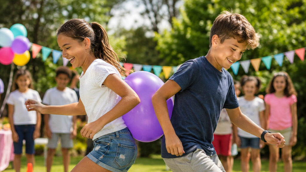carrera de globos por parejas en una fiesta familiar
