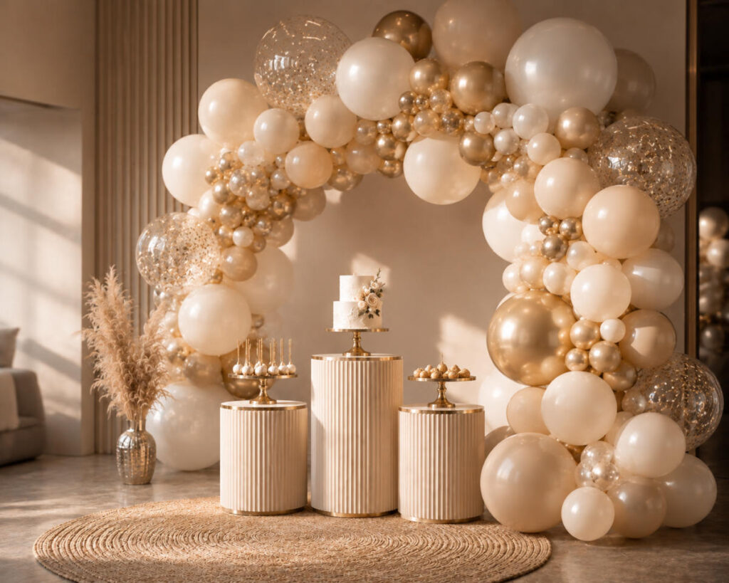 Decoración moderna con globos para fiestas y eventos en 2026, arco orgánico elegante con globos premium en tonos beige, dorados y blancos