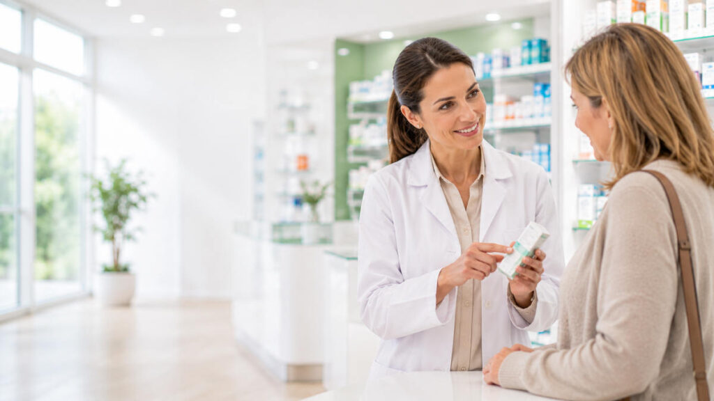 Farmacéutica explicando a una paciente cómo utilizar correctamente un medicamento en una farmacia moderna con atención personalizada.