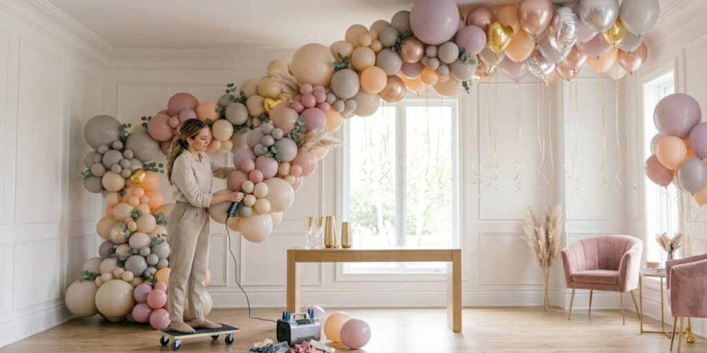 Profesional inflando globos con máquina eléctrica para decoración de eventos