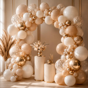 Globos cromados boda beige latte y dorado champagne en arco decorativo premium para eventos elegantes