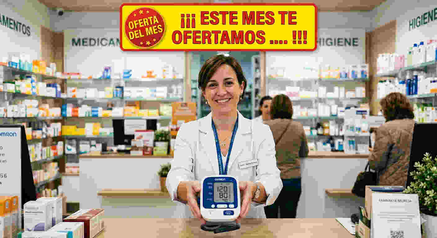 Farmacéutica sonriendo ofreciendo un tensiometro
