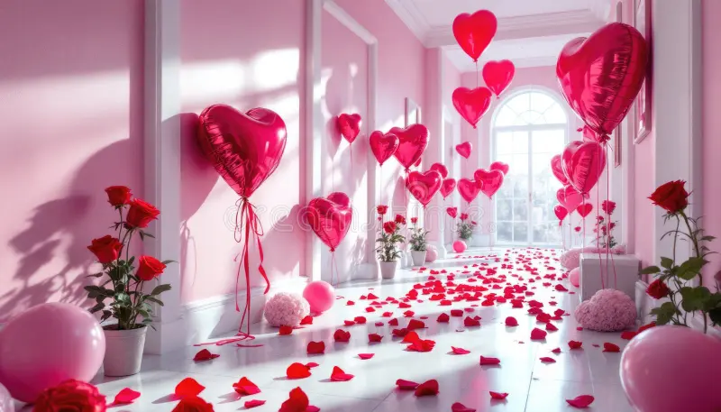Pasillo decorado con globos románticos y luces suaves, creando un ambiente elegante y especial para propuestas, aniversarios y momentos inolvidables.
