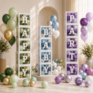 Colección de cajas decorativas con globos para photocall en diferentes tonalidades pastel, con composiciones verticales de las palabras HAPPY, BABY y PARTY para cumpleaños, baby shower y celebraciones especiales
