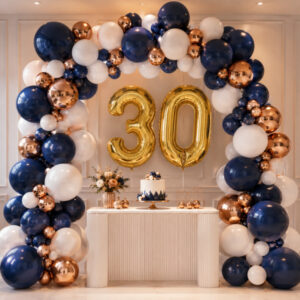 Arco de globos para celebraciones, azul, blanco y cobre.