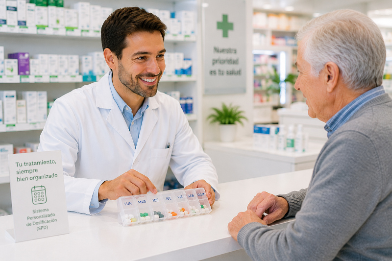 Farmacéutico explicando un sistema personalizado de dosificación a un paciente mayor en la farmacia salud