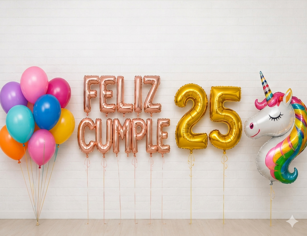 varios grupos de globos segun su forma: redondos, letras, numeros y animales