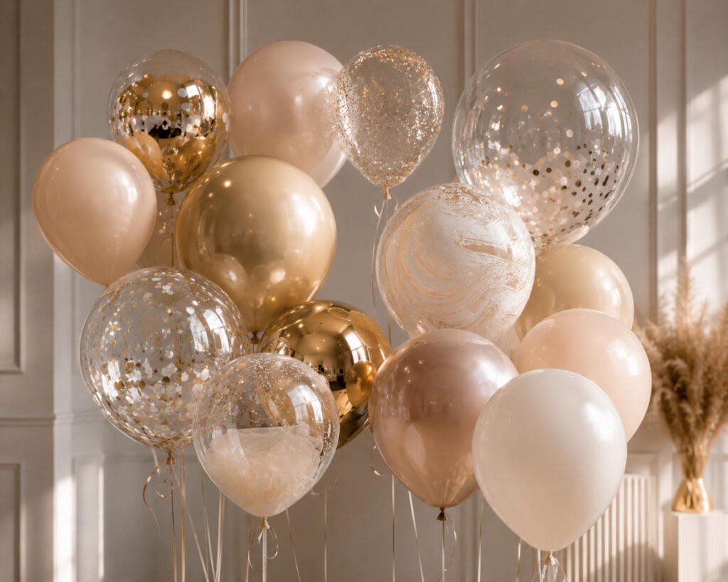 Decoración elegante con diferentes tipos de globos modernos para fiestas y eventos, incluyendo globos de látex, globos metalizados y globos transparentes