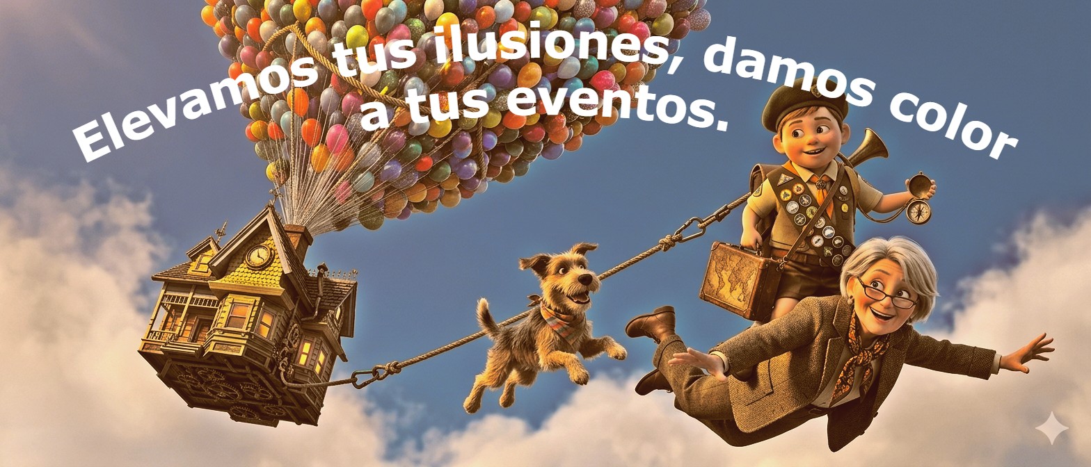 Decoración creativa con globos elevando una casa en el cielo junto a personajes y mascotas, imagen inspiradora para eventos y celebraciones de Don Globito.